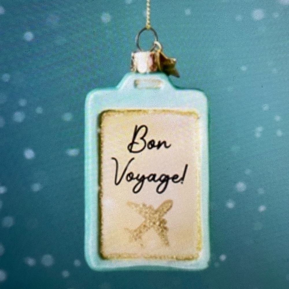 ❤️ ANTHROPOLOGIE GLASS BON VOYAGE LUGGAGE TAG ORNAMENT NEW